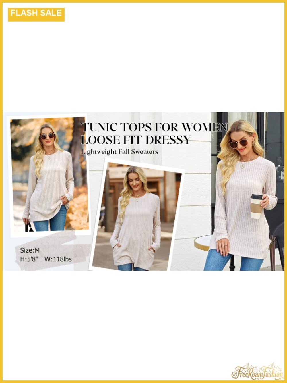 Womens Long Sleeve Tunic Top Crewneck Loose Fit Sweater with Pockets - Picture 4 of 5